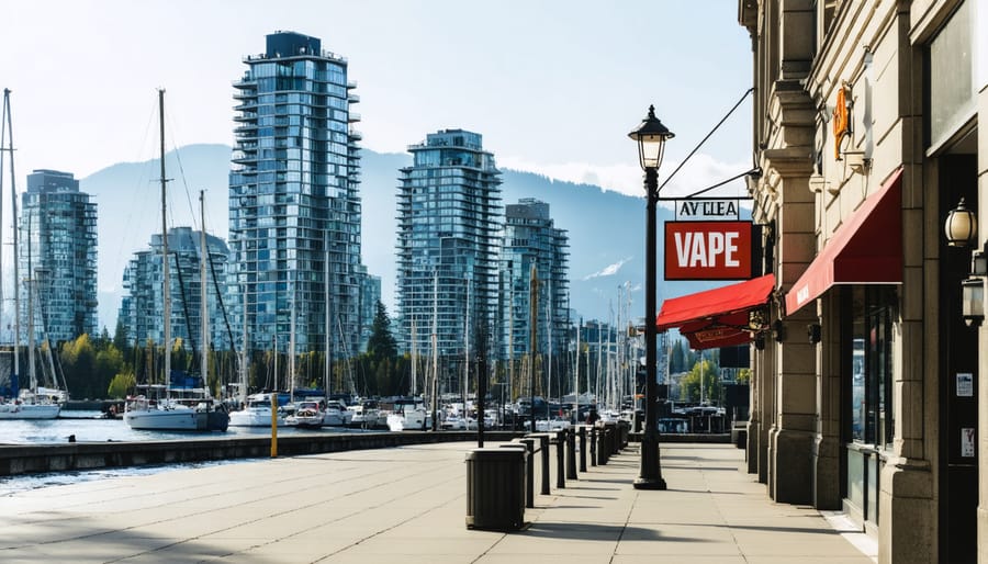 Downtown Vancouver street scene featuring vape shops and lounges