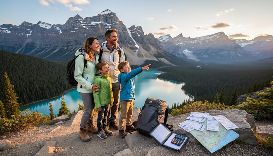 Family hiking in Canadian Rocky Mountains with alpine lake and peaks in background