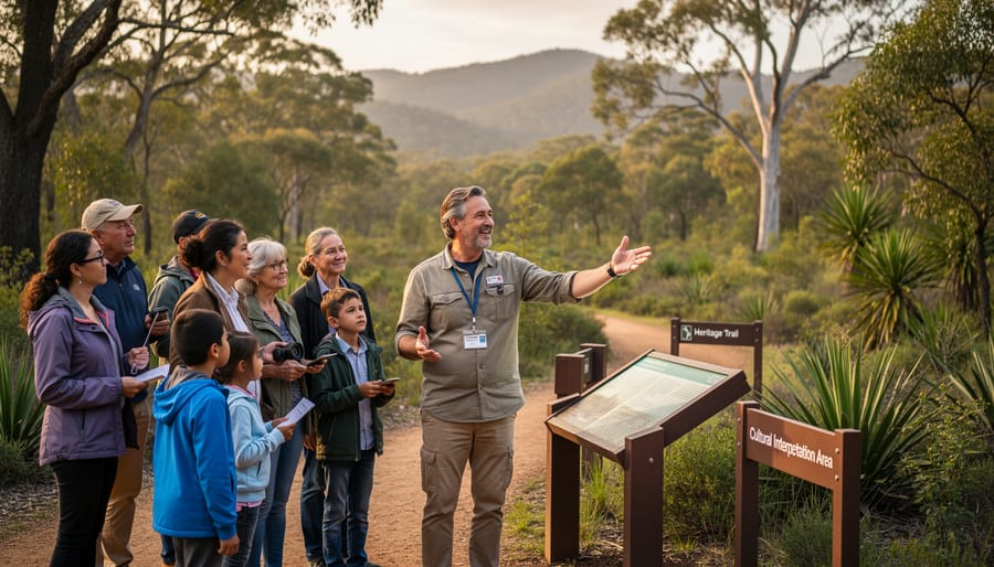 A local guide presenting cultural heritage items in a scenic park setting