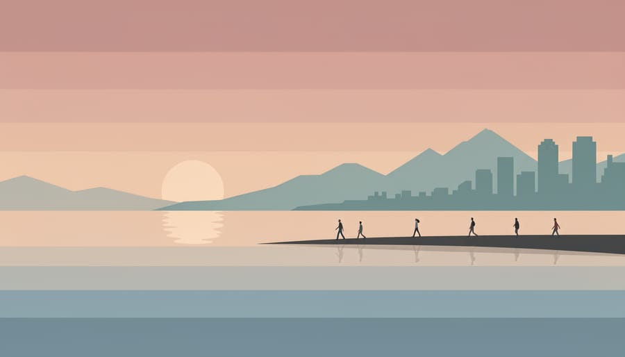 A person walking along English Bay at sunset with waves and a glowing horizon in the background.