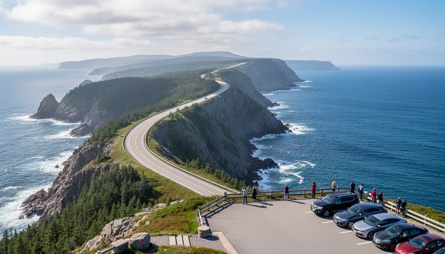 A viewpoint on the Cabot Trail with a couple overlooking the Gulf of St. Lawrence