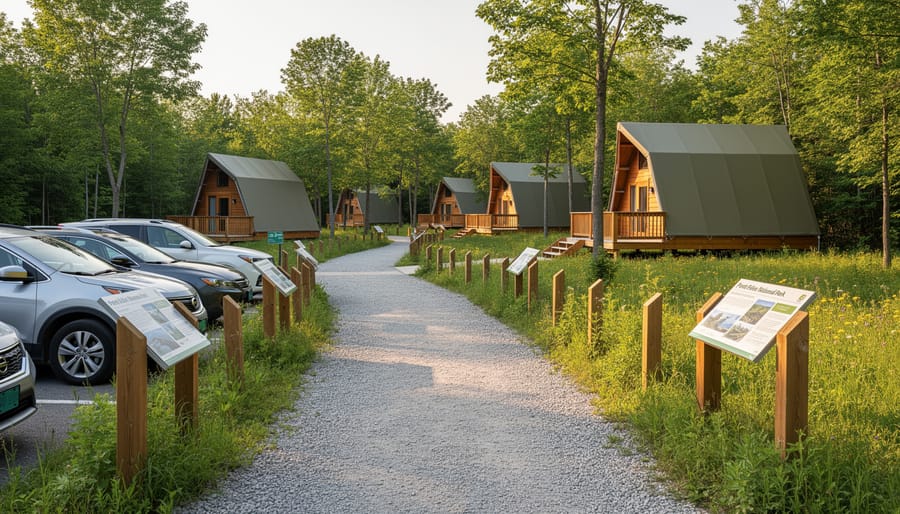 Campers walking along a path toward Point Pelee Camp Henry oTENTik A-frame cabins in a green forested area.