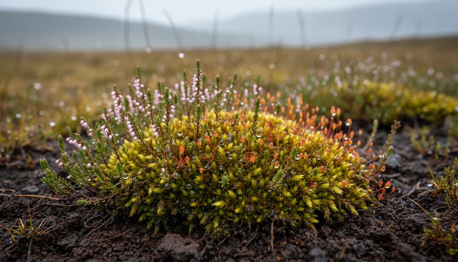 Close-up of sphagnum moss and bog plants in a Highland bog ecosystem
