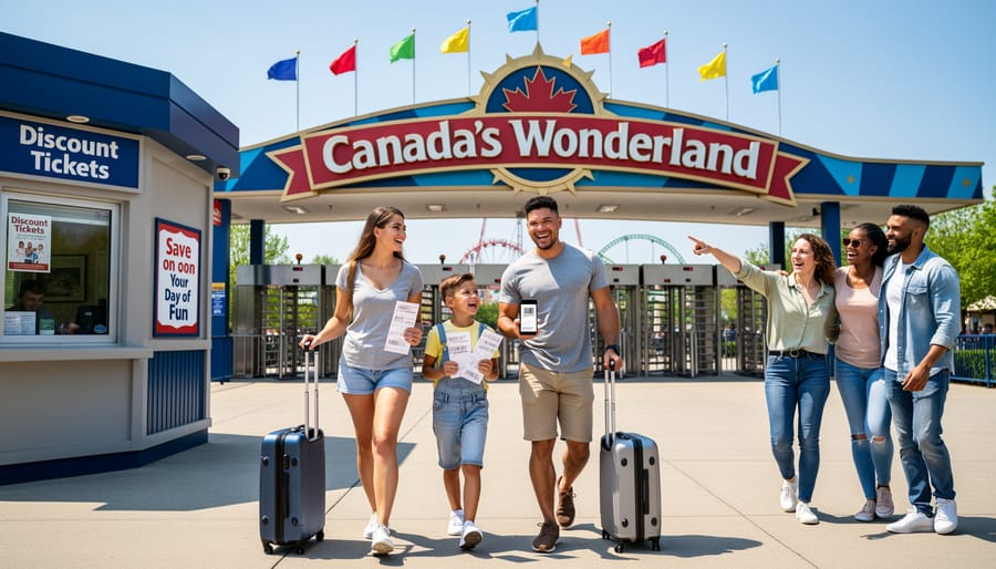 Family walking into Canada’s Wonderland theme park entrance with roller coaster silhouettes in the distance