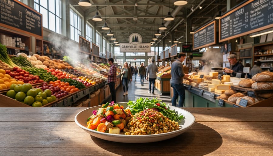 Granville Island Public Market stalls with shoppers and colorful food displays inside the market.