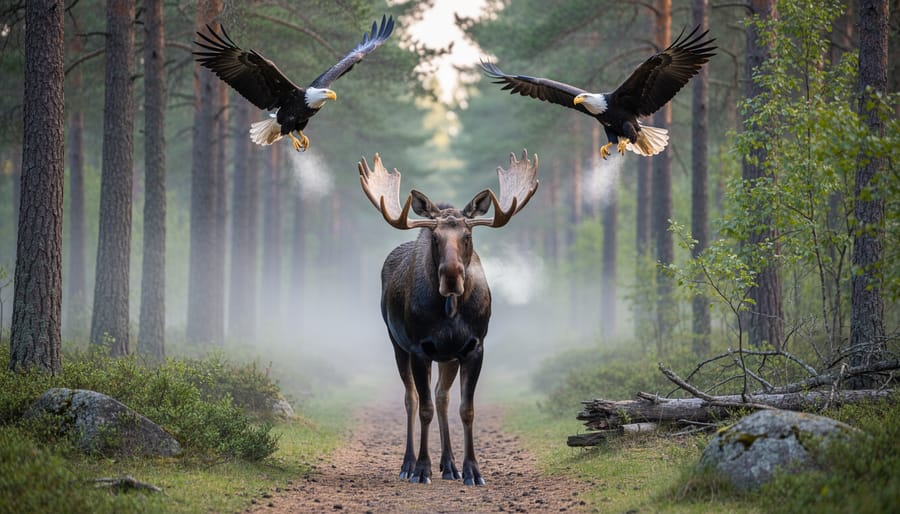 Moose in a forest meadow with an eagle perched nearby