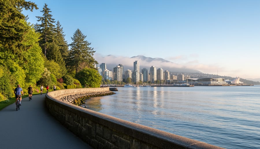 People walking and biking along Stanley Park Seawall with the water and Vancouver skyline in the distance.