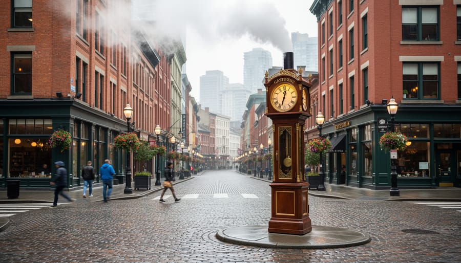 Steam rising in Gastown with wet pavement reflections and historic downtown buildings in the background.