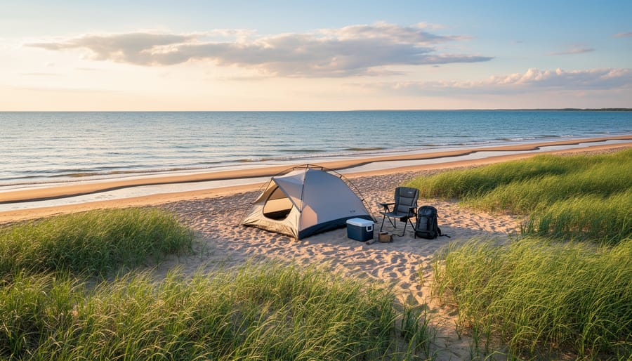 Sunset view of shoreline grasses and waves in Point Pelee National Park.