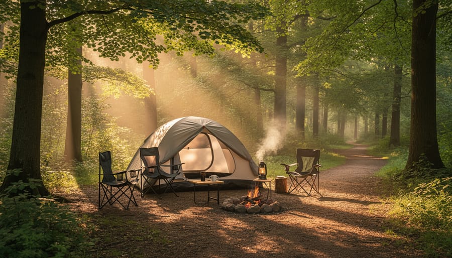 Tent campsite in Cape Breton Highlands National Park with forest surroundings