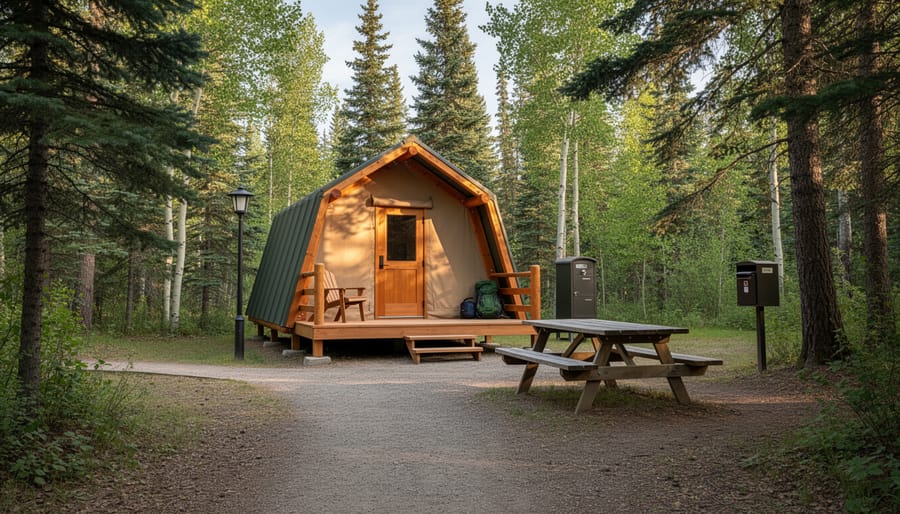 View of an oTENTik A-frame cabin entrance with a small deck and lantern in a natural park setting.