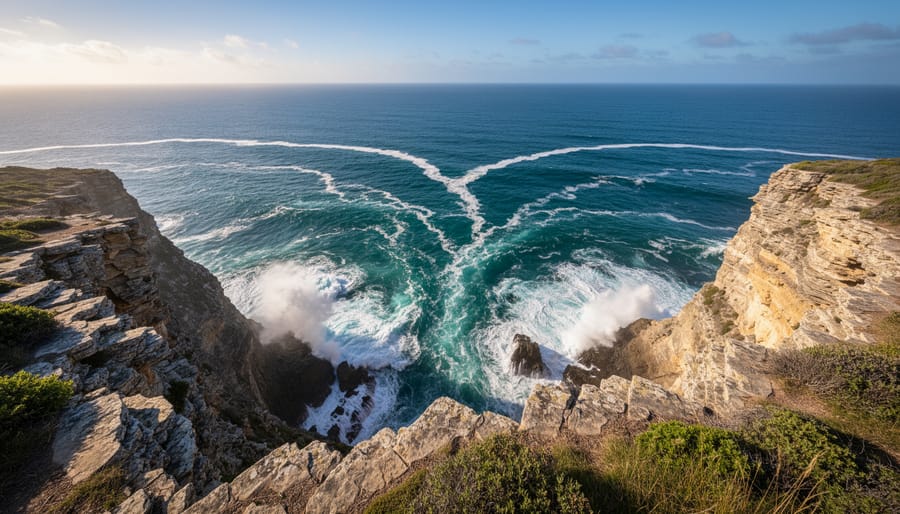 Visitors at a coastal headland viewpoint overlooking crashing ocean waves